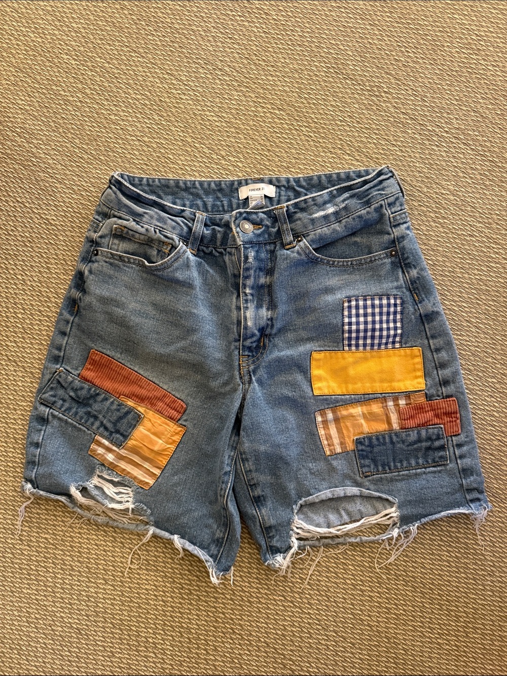 Patchwork Distressed Denim Shorts - Blue - Picture 1 of 2